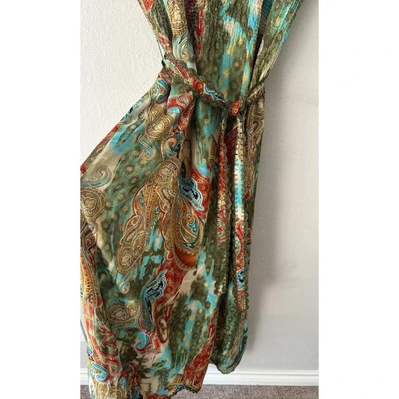 Vintage Ubu Paisley Floral Popcorn Maxi Dress Boho Scalloped Lace Trim Belted - Picture 6 of 14